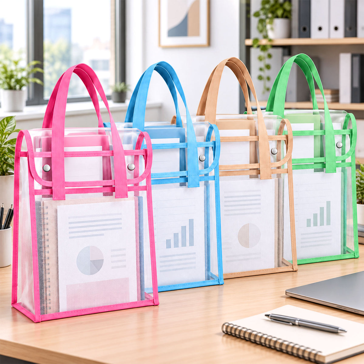 Four transparent document bags with mesh pockets and colored handles: pink, blue, beige, and green, on a wooden desk, with