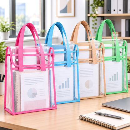 Four transparent document bags with mesh pockets and colored handles: pink, blue, beige, and green, on a wooden desk, with
