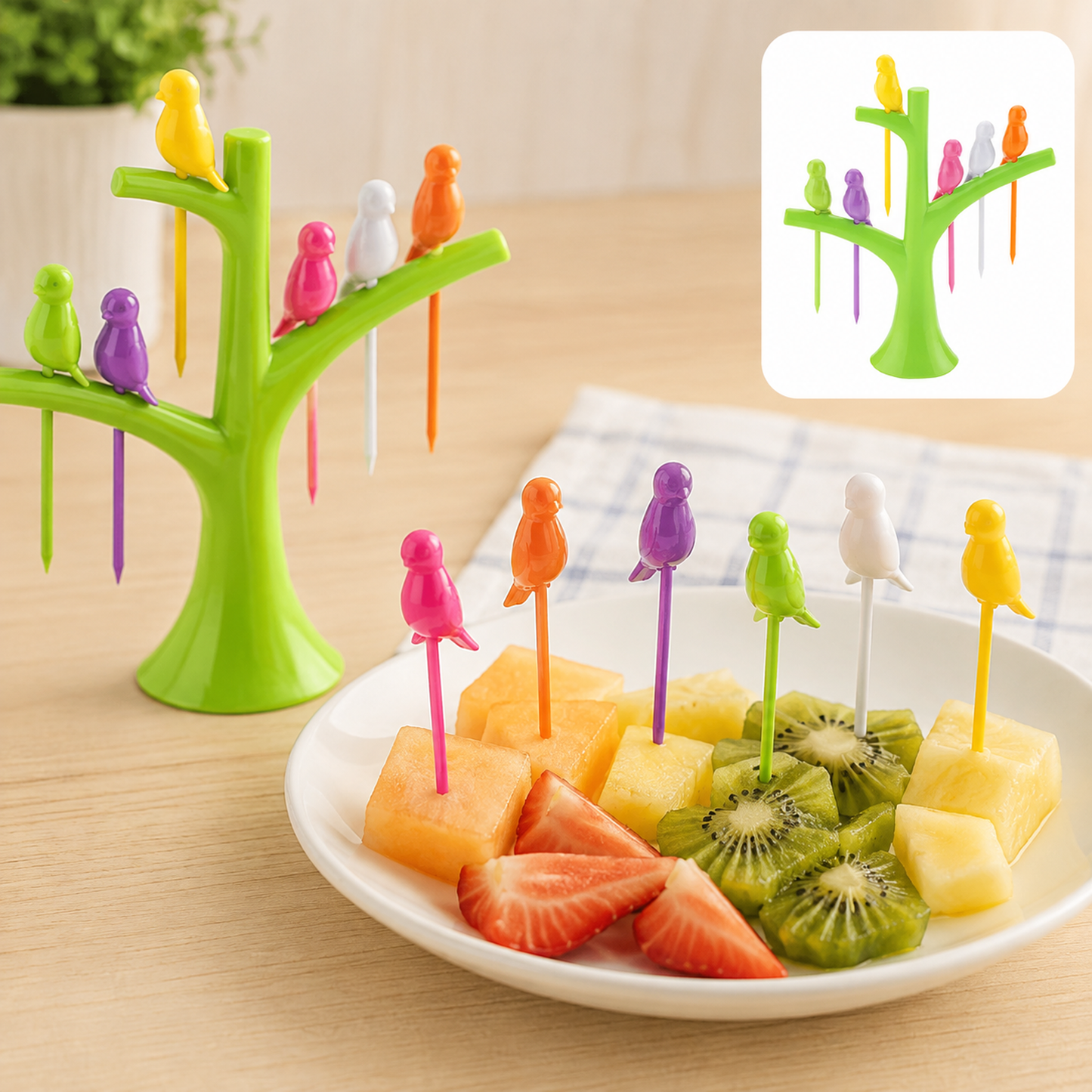 A green tree holder with colorful bird fruit forks in a plate of cut fruit, including kiwi, pineapple, and strawberries.