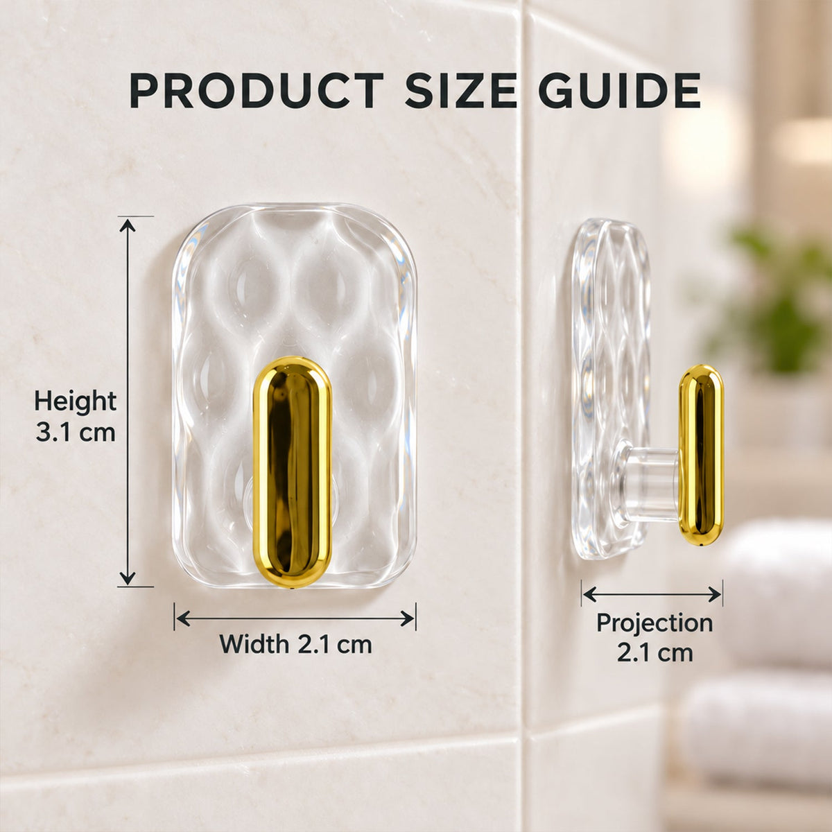A clear plastic hook with a gold accent shown from front and side, with dimensions indicating height, width, and projection.