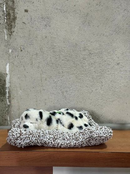 Premium Plush Dalmatian Puppy Toy Sleeping on Soft Knitted Cushion | Realistic Faux Fur Pet Dog Figurine for Home Decor, Desk Tabletop & Gift | Handcrafted Decorative Sleeping Puppy Model – Cute Animal Showpiece
