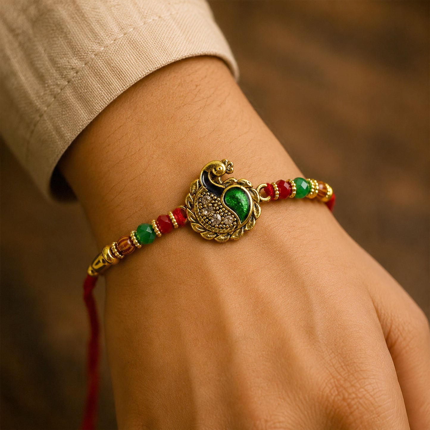 Green Peacock Paisley Rakhi with Golden Detail, Festive Beads and Red Thread
