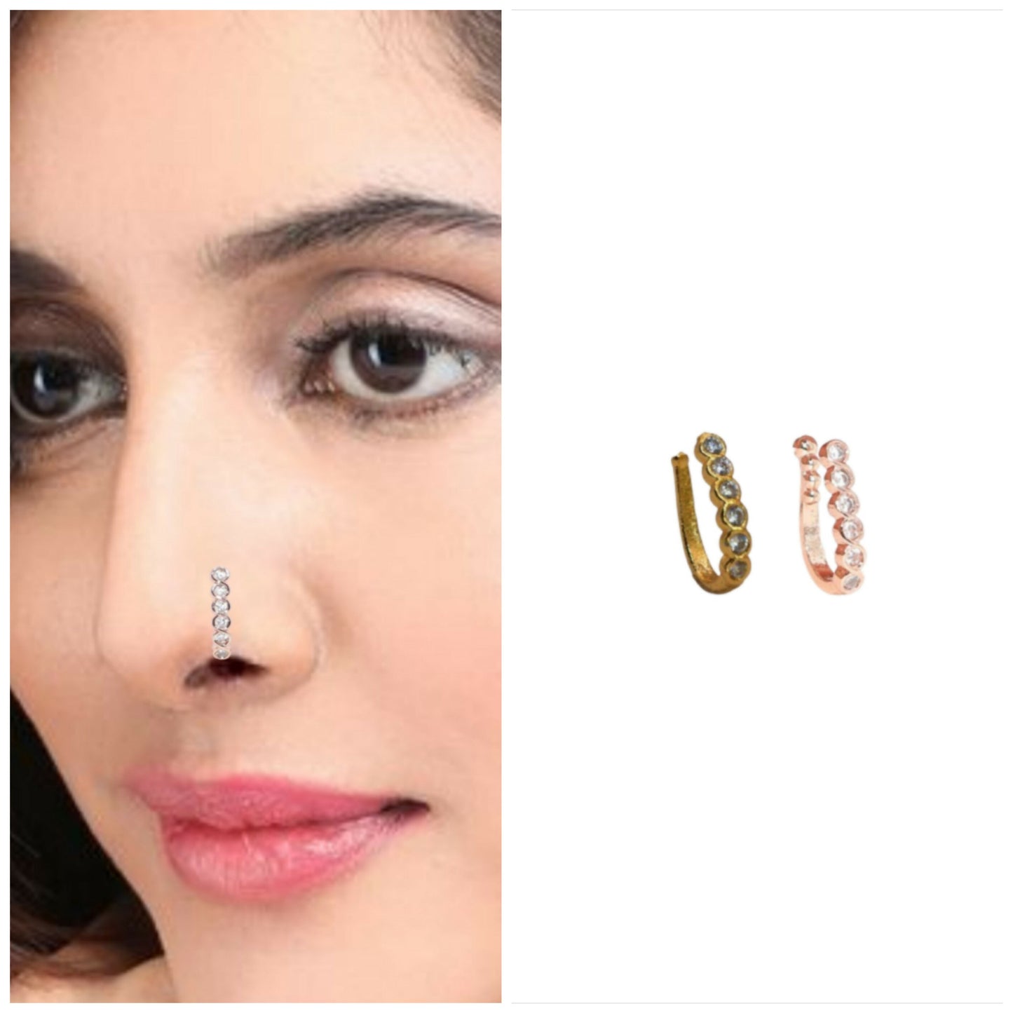 2 PC Non-Piercing Nose Cuff Set | CZ Floral & Line Nath Pin
