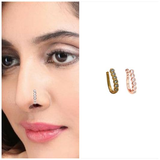 2 PC Non-Piercing Nose Cuff Set | CZ Floral & Line Nath Pin