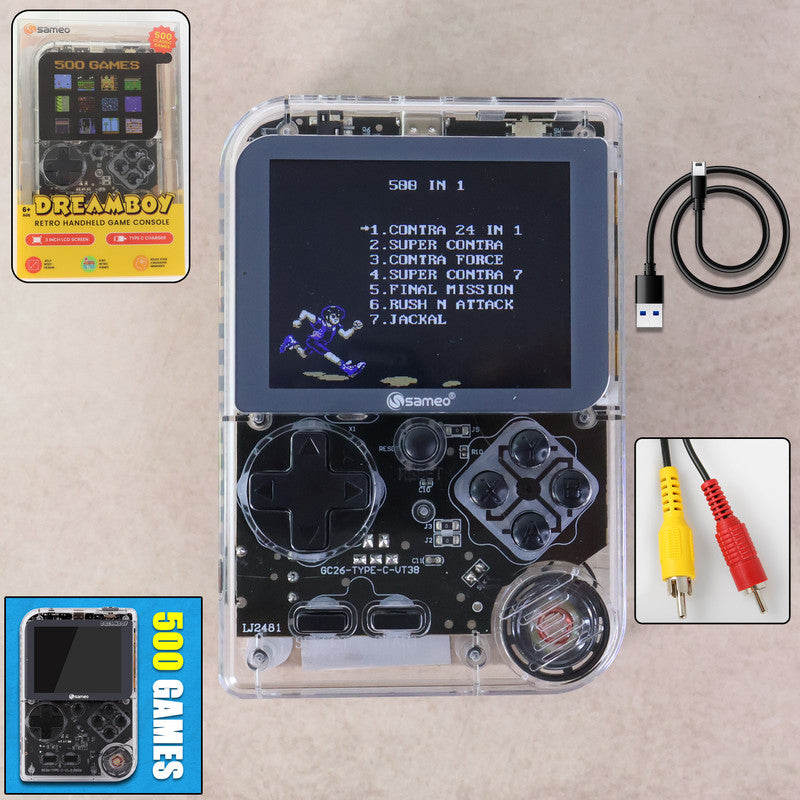 DreamBoy Retro Handheld Game Console with 500 Built-in Classic Games, TV Output & Rechargeable Battery