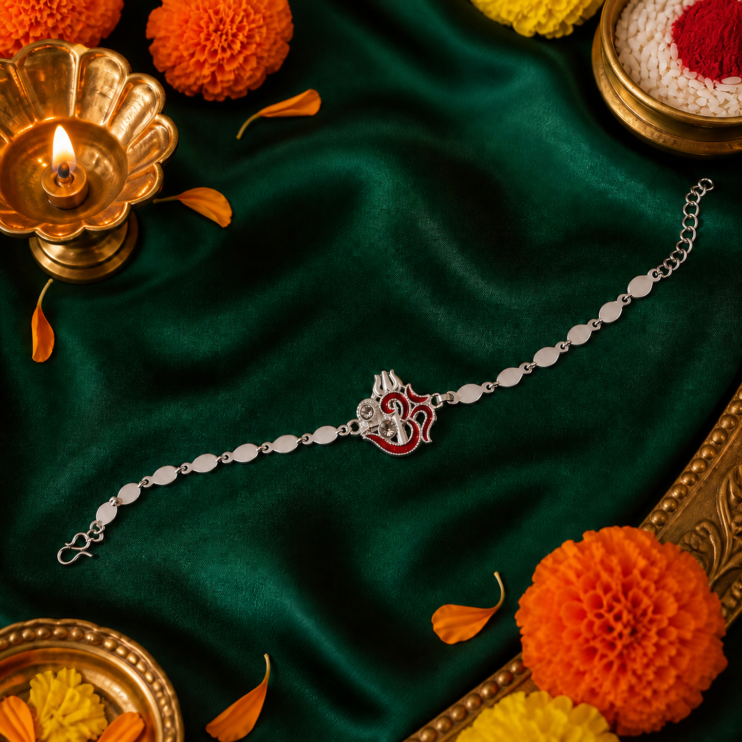 Religious Om Trishul Motif Silver Enamel Petal Chain Rakhi