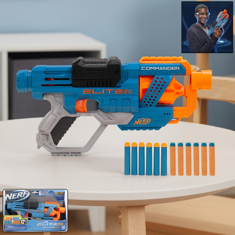 Nerf Elite 2.0 Commander Blaster foam dart gun with darts laid out