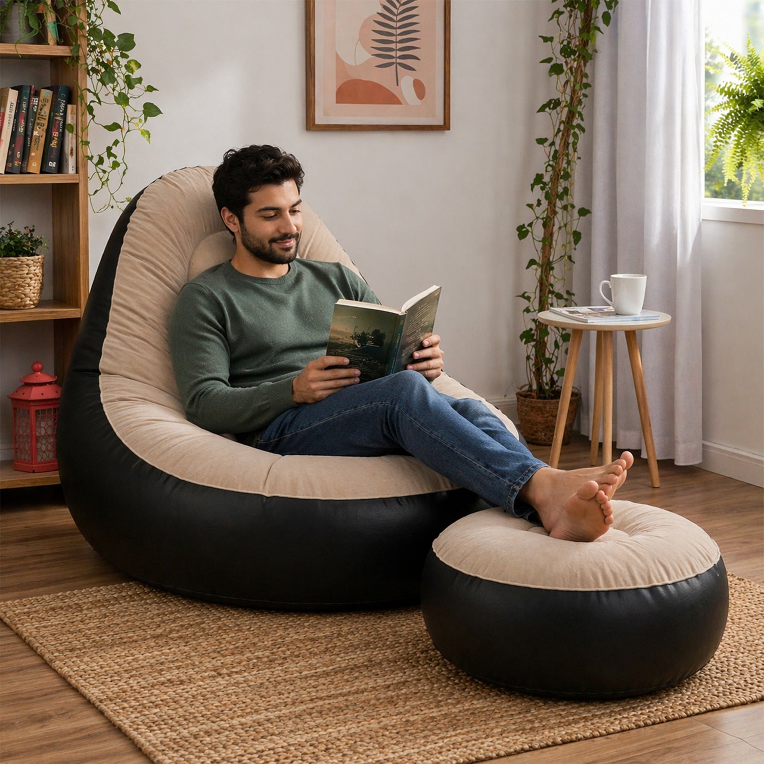 Inflatable air sofa chair with footrest setup