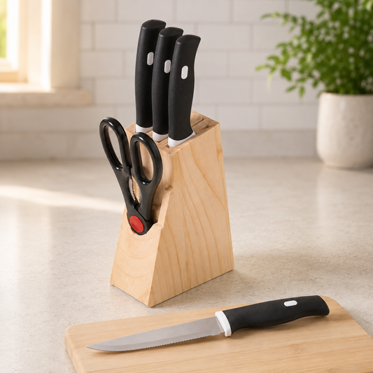 Kitchen Knife Set – 5-Piece Black Set with Wooden Block & Scissors
