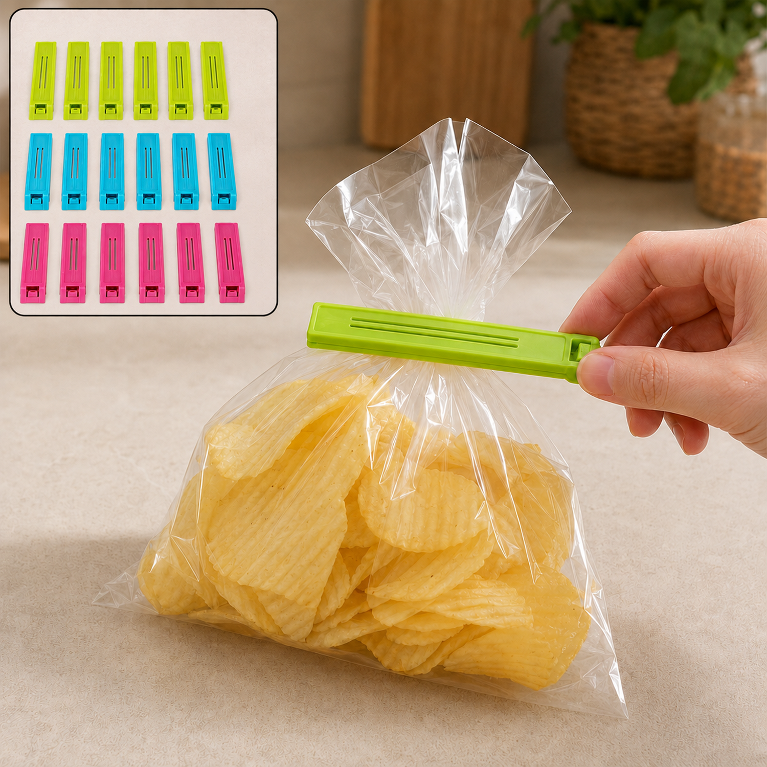 A hand seals a bag of potato chips with a green clip, with an inset showing 18 clips in green, blue, and pink.