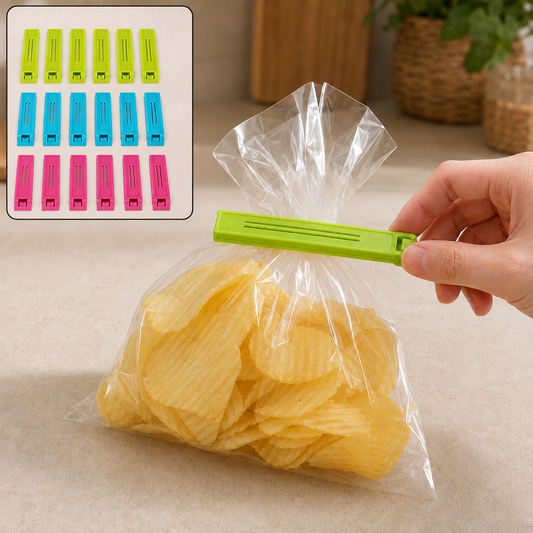 A hand seals a bag of potato chips with a green clip, with an inset showing 18 clips in green, blue, and pink.