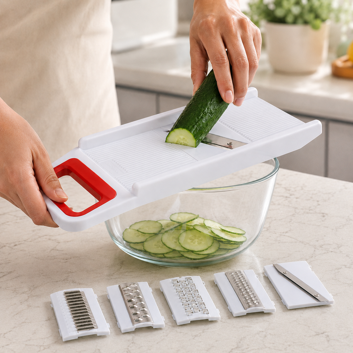 Hands using a white and red mandoline slicer to thinly slice a cucumber into a glass bowl of sliced cucumbers.