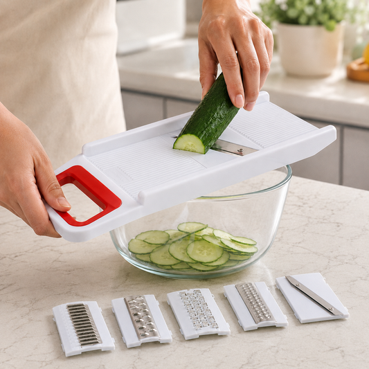 Hands using a white and red mandoline slicer to thinly slice a cucumber into a glass bowl of sliced cucumbers.