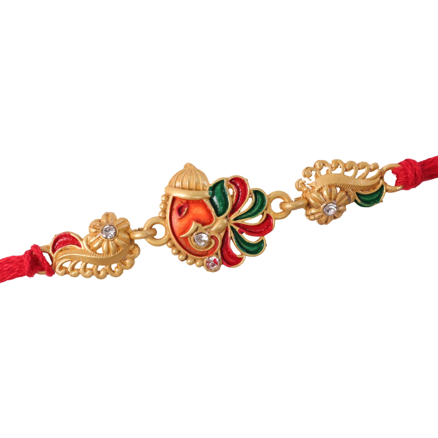 Gold-Toned Lord Ganesha Rakhi with Multicolor Enamel, Crystal Accents & Designer Red Thread
