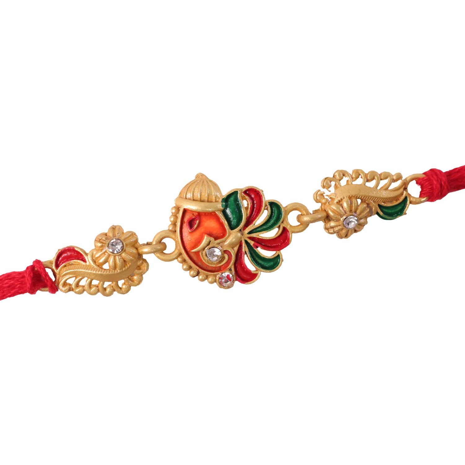 Gold-Toned Lord Ganesha Rakhi with Multicolor Enamel, Crystal Accents & Designer Red Thread