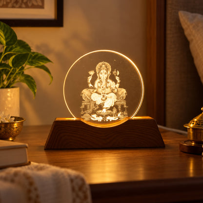 3D Ganesha LED Lamp with Wooden Base for Home and Pooja Decor (1 Pc)