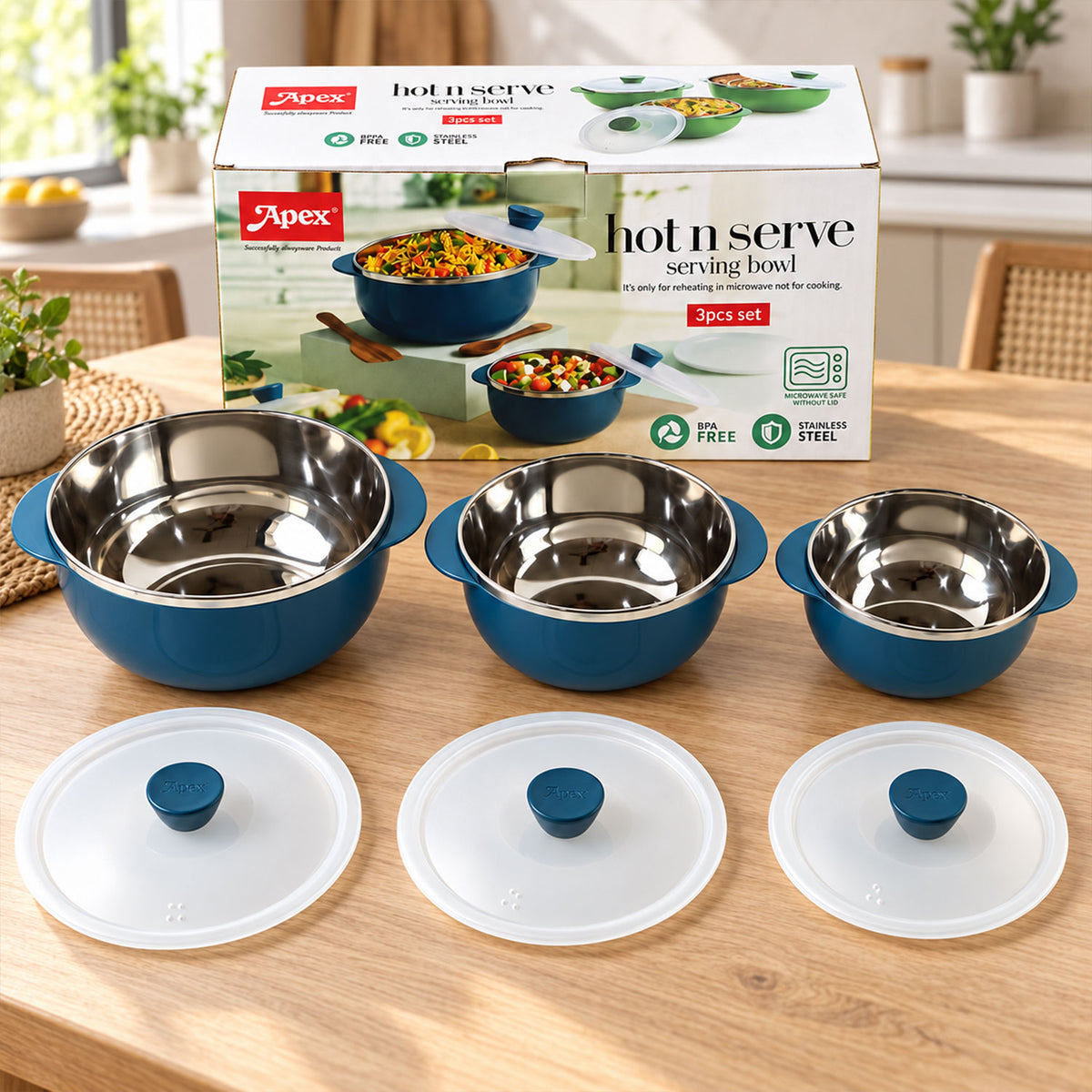Apex Hot and Serve Serving Bowl Set with Lids, Steel Inner Casserole (3 Pc Set)