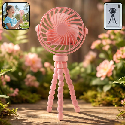Portable LED light fan with flexible tripod stand on desk