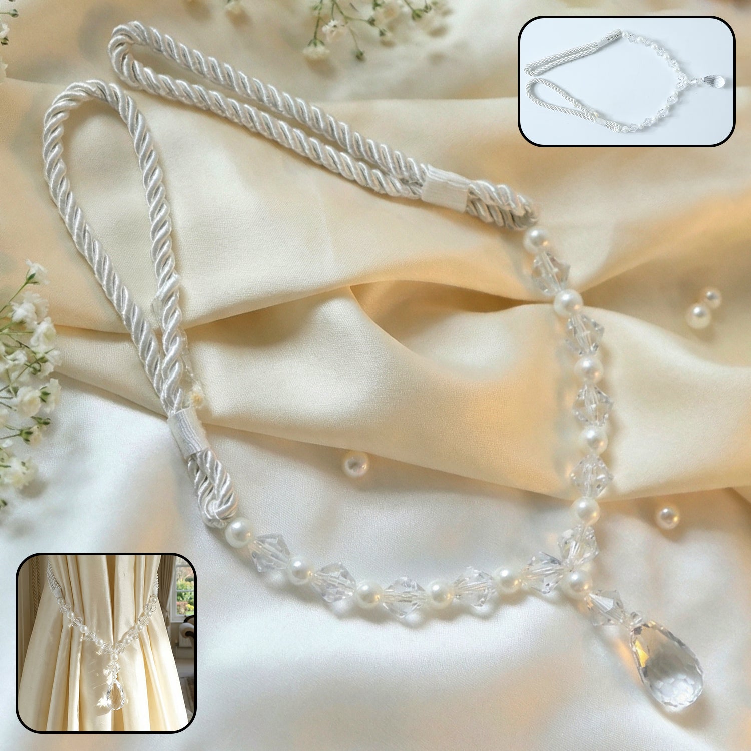 Luxury crystal and pearl beaded curtain tieback