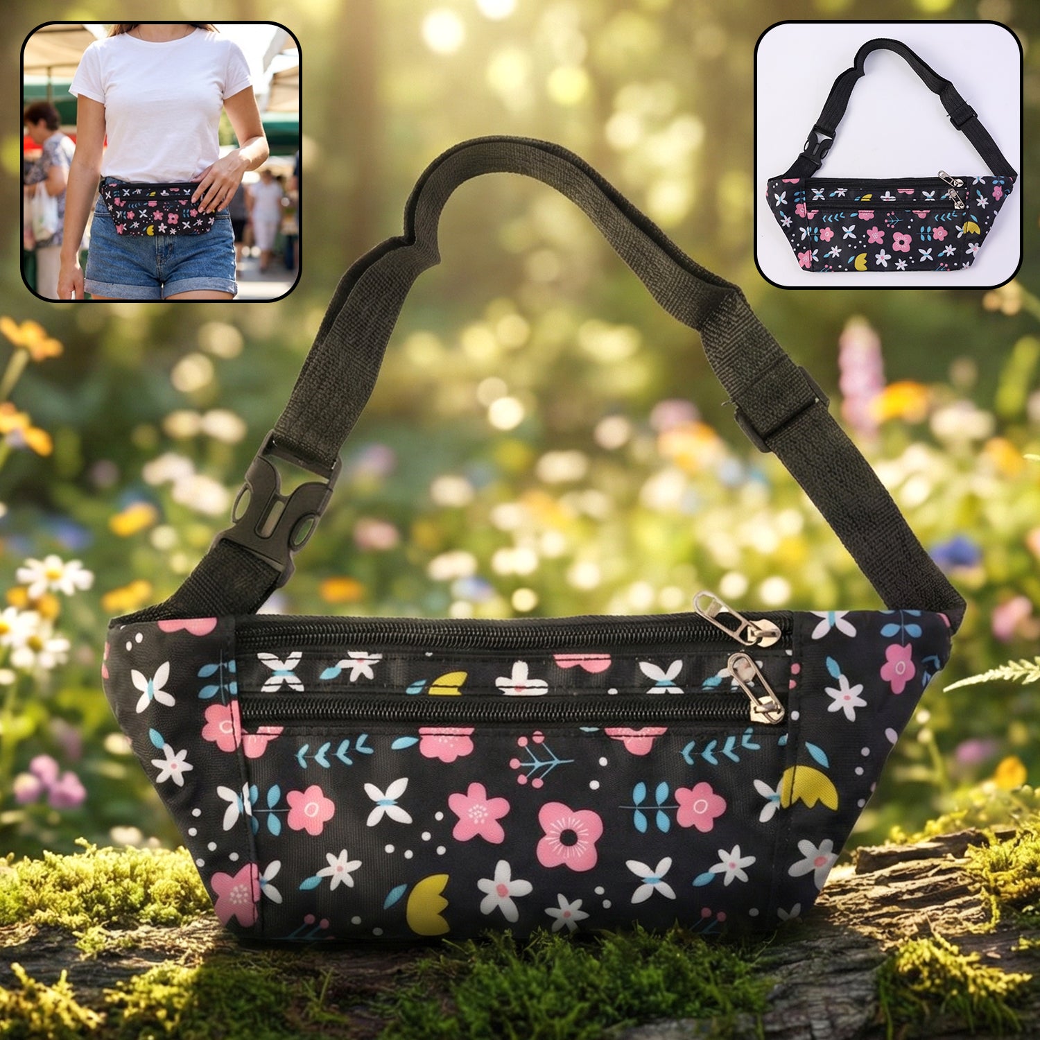 Floral print adjustable waist pouch with zipper compartments