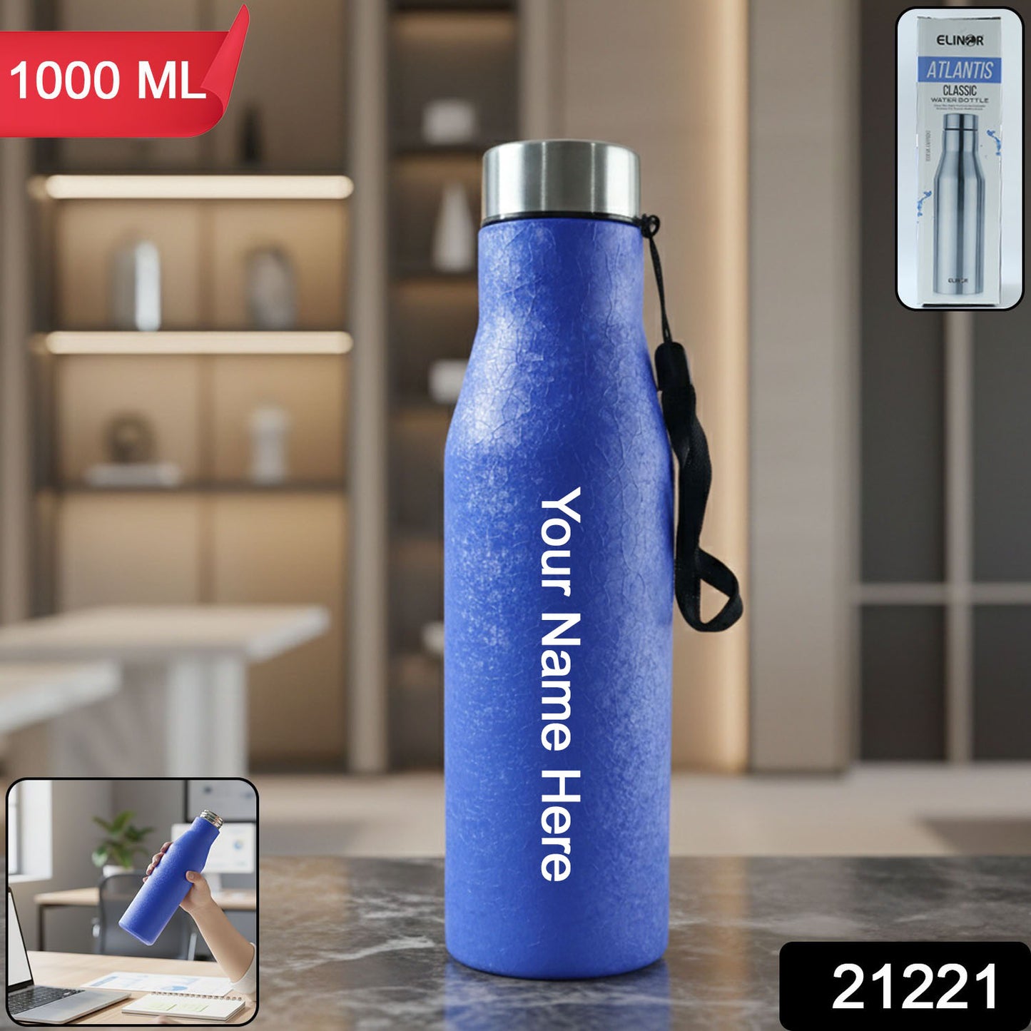 Custom Classic Stainless Steel Water Bottle Blue Color (1000 ML, 1 Piece)