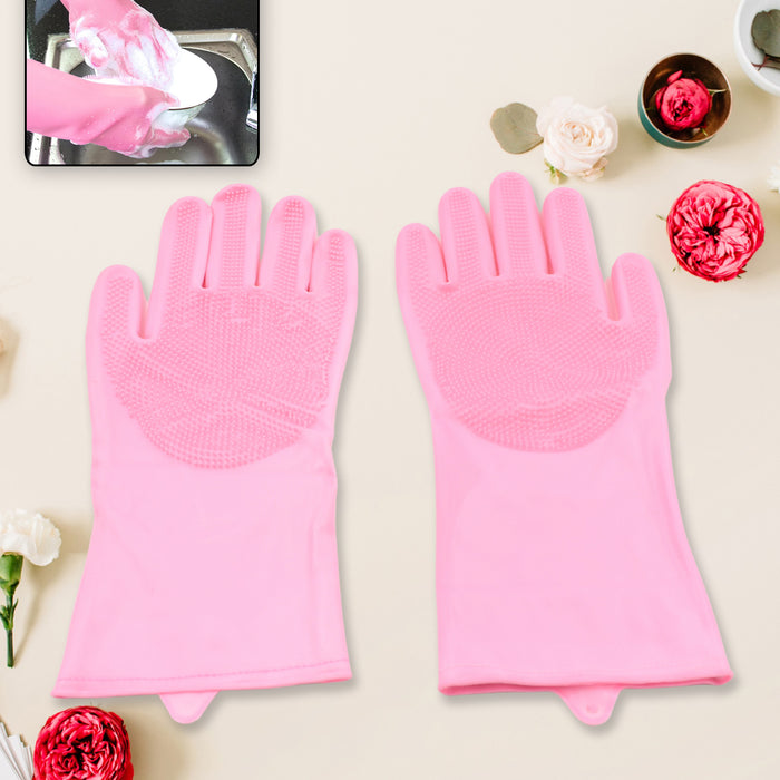 8740 Dishwashing Gloves with Scrubber| Silicone Cleaning Reusable Scrub Gloves for Wash Dish Kitchen| Bathroom| Pet Grooming Wet and Dry Glove (1 Pair, 155Gm)