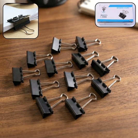 Black metal binder clips 32mm holding documents securely