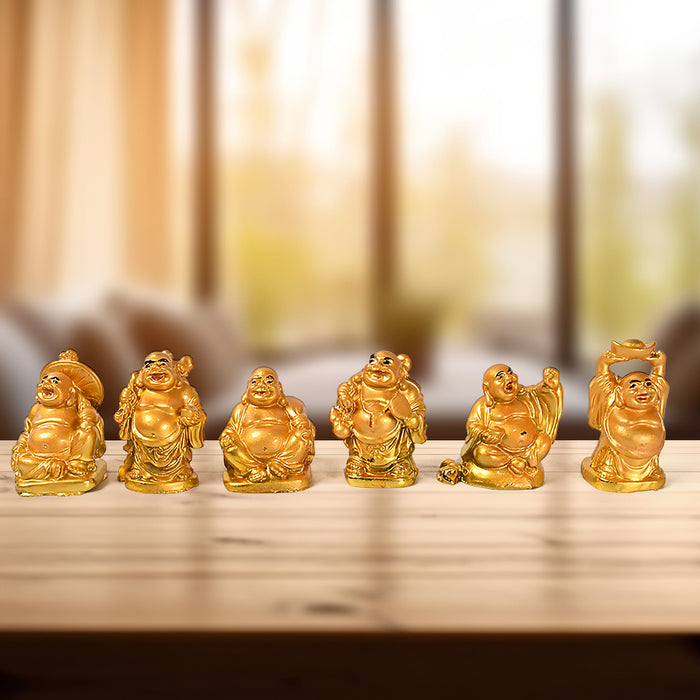 Golden Laughing Buddha Set Of Six Pieces Statue For Happiness, Wealth & Good luck Decor For Wealth and Success (6 Pcs Set)
