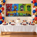 Kids Birthday Party Backdrop Curtain with Cartoon Hero Print (265x117 Cm)