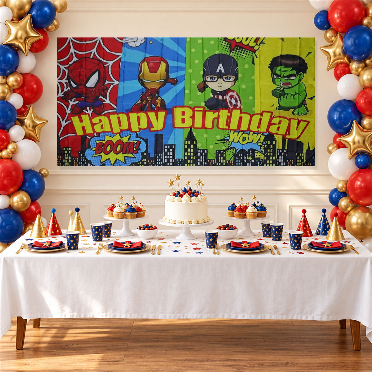 Kids Birthday Party Backdrop Curtain with Cartoon Hero Print (265x117 Cm)