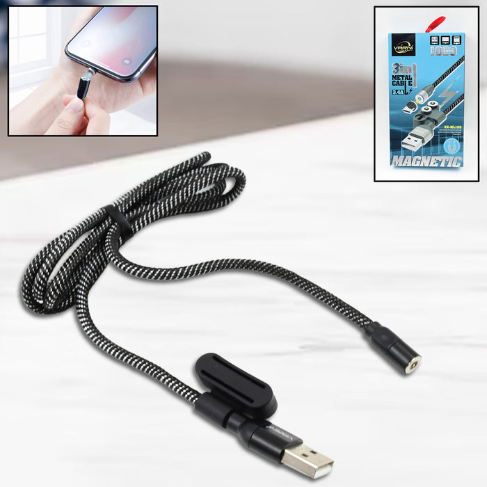 3 in 1 Magnetic USB Charging Cable | USB-c Android and Lightning with Extra Protecting Nylon| Strong Magnetic Cable with Full Rotation Support Fast Charging