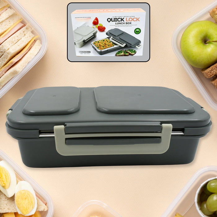 Miracle Quick Lock Leak Proof 2 Compartment Stainless Steel LUNCH BOX Inner Plate Reusable Microwave Freezer Safe Lunch Box Trendy Thermal Insulation Leak Proof for Office Vacuum Tiffin Box for Boys / Girls / School / Office Women and Men 