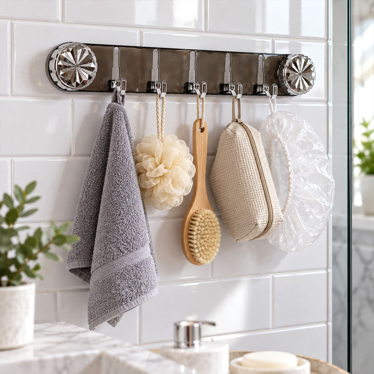 A gray transparent wall rack with five silver folding hooks holds a gray towel, a beige loofah, a wooden brush, a cream
