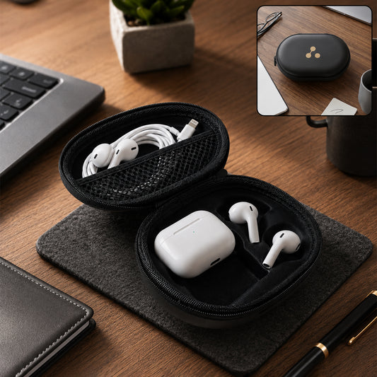 A black hard shell case is open on a desk, holding white earbuds, their charging case, and a coiled charging cable.