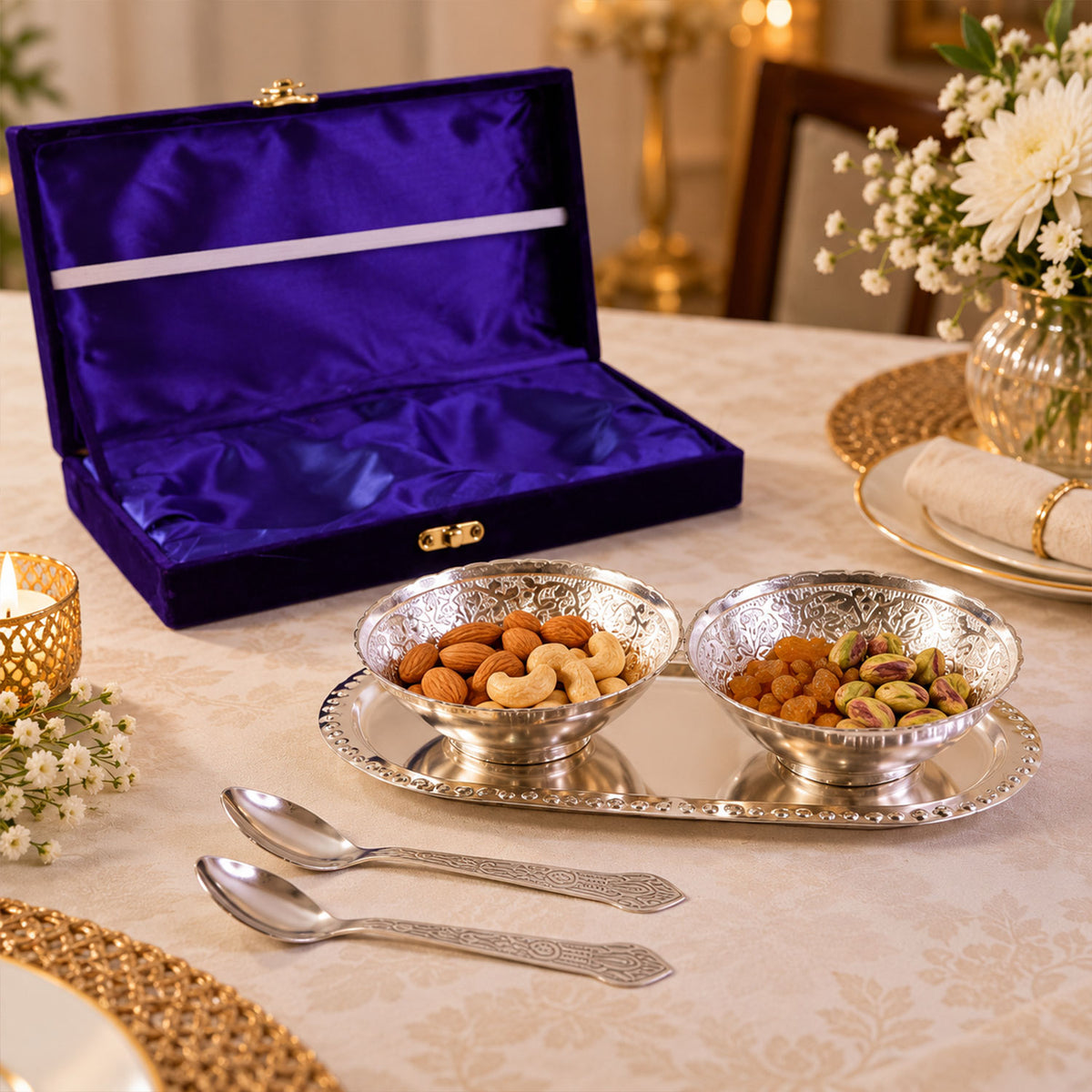Silver-Plated Brass Bowl Set with Elegant Serving Tray & Velvet Gift B