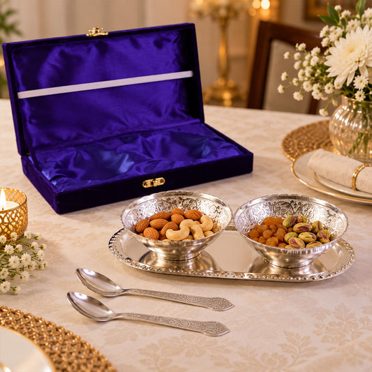 Silver-Plated Brass Bowl Set with Elegant Serving Tray & Velvet Gift B