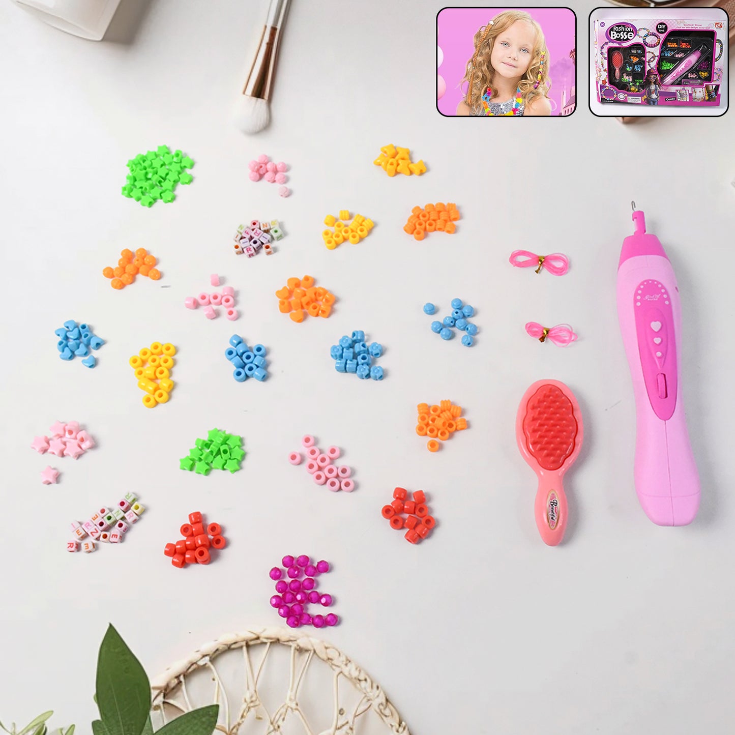 Hair Styling Clasp Clips Twisting Stringing Beads Kit for Girls, Portable Hair Braider Machine,Hairstyle Braid Kit DIY Hair Styling Tool with Comb, Rubber, Button Beads and Beads (85 Pcs Set)