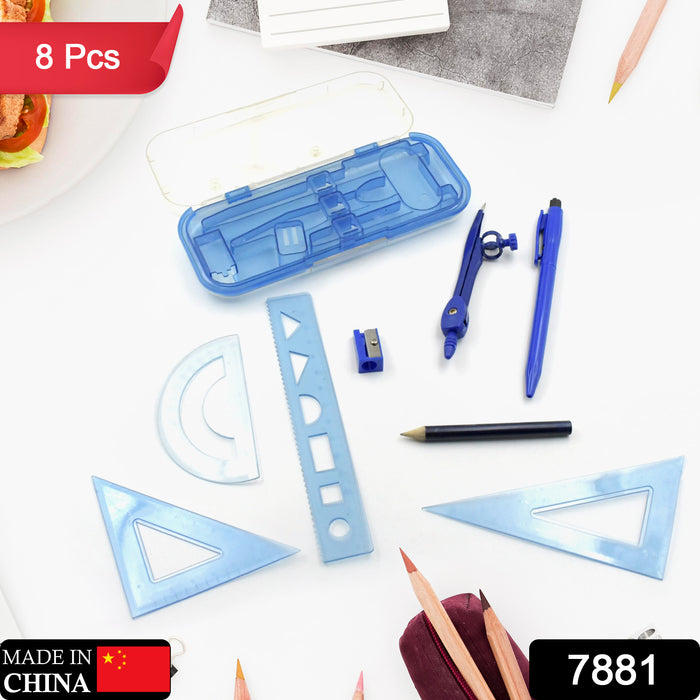 7881 Math Compass Compass Set 8-Piece Set Student Drawing Learning Stationery Ruler Triangle Plate Protractor Student Supplies. ( drawing instruments )