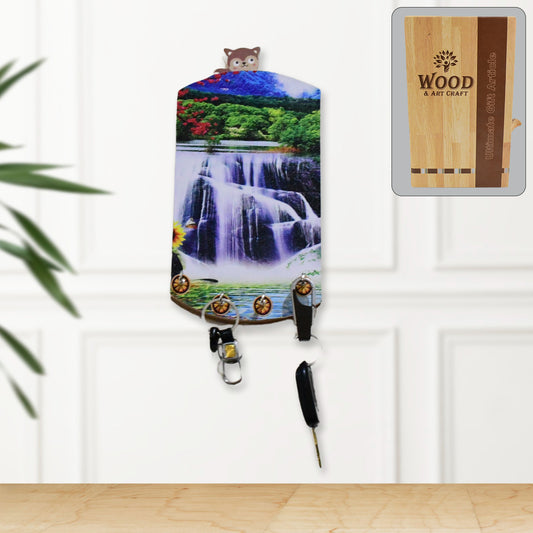 Wooden vertical scenery art with hooks for wall hanging.