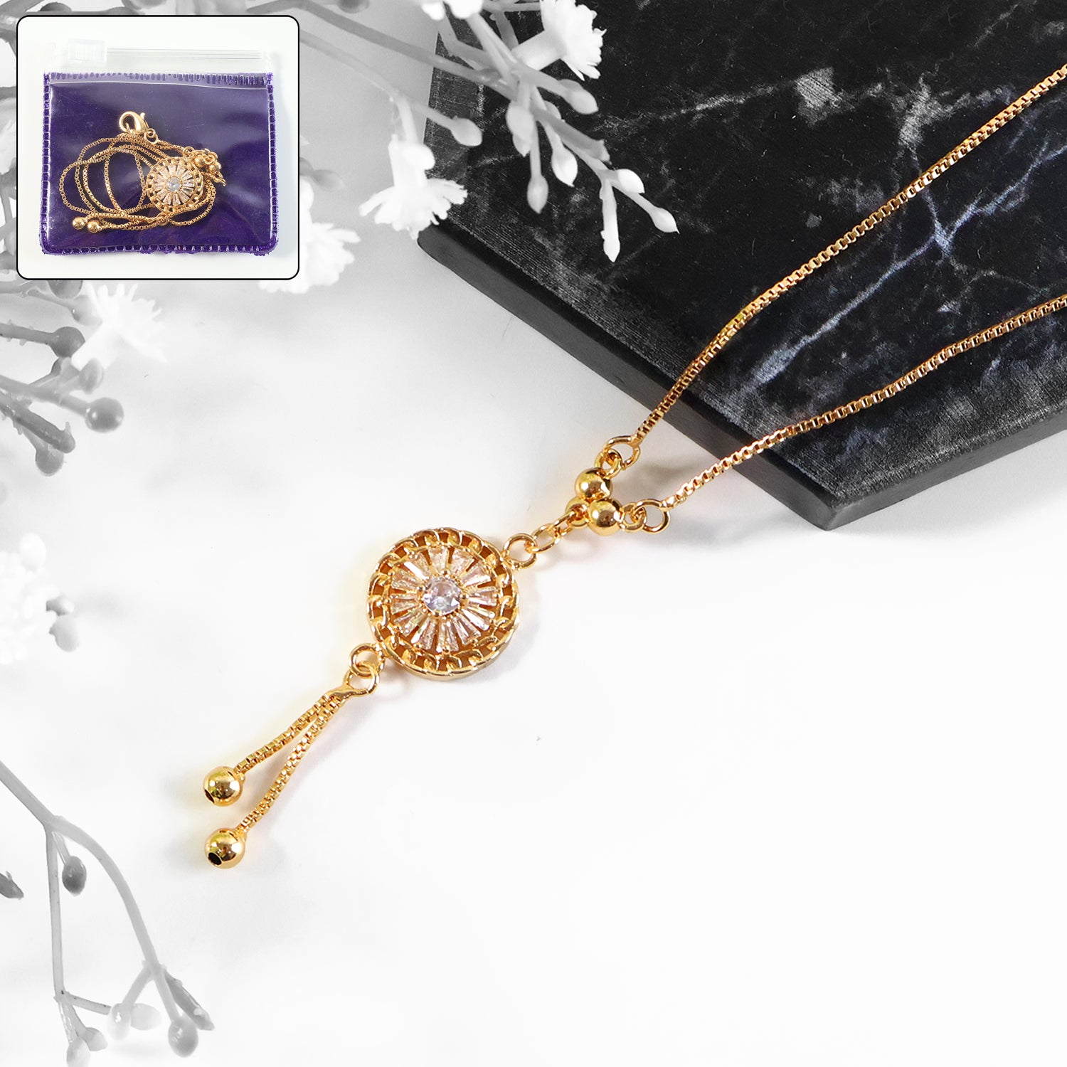 Radiant Gold-Plated Round Pendant Necklace with Dual Hanging Chains for Women