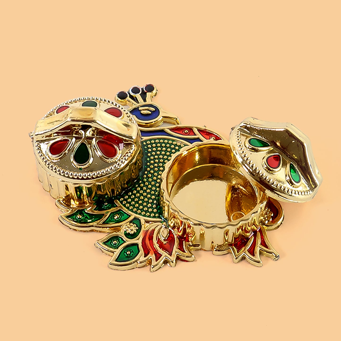 Peacock Design Metal Kumkum / Roli–Chawal Box - (1 Pc)
