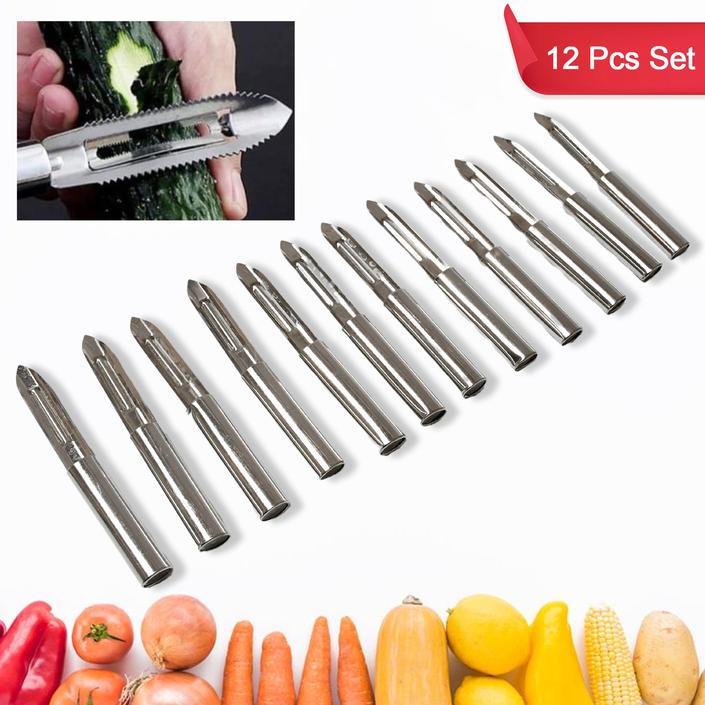 Stainless Steel Peeler Set – Multi-Purpose Handle for Peeling & Shredding (12 Pcs Set)