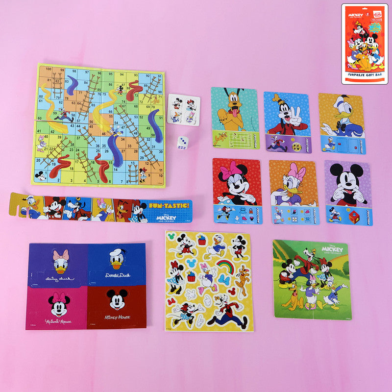Disney Mickey & Friends Multipurpose Gift Bag with Snakes & Ladders Game, Puzzle Cards, and Fun Stickers for Kids