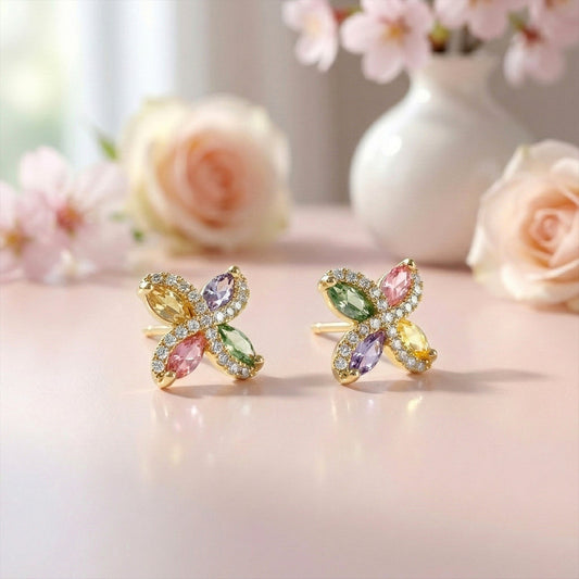 Multicolor Crystal Butterfly Stud Earrings with Gold Finish for Women