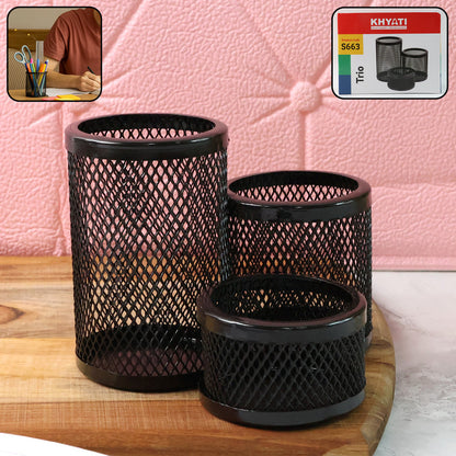 Khyati Trio Metal Mesh Pen Stand – 3-in-1 Round Desk Organizer Set