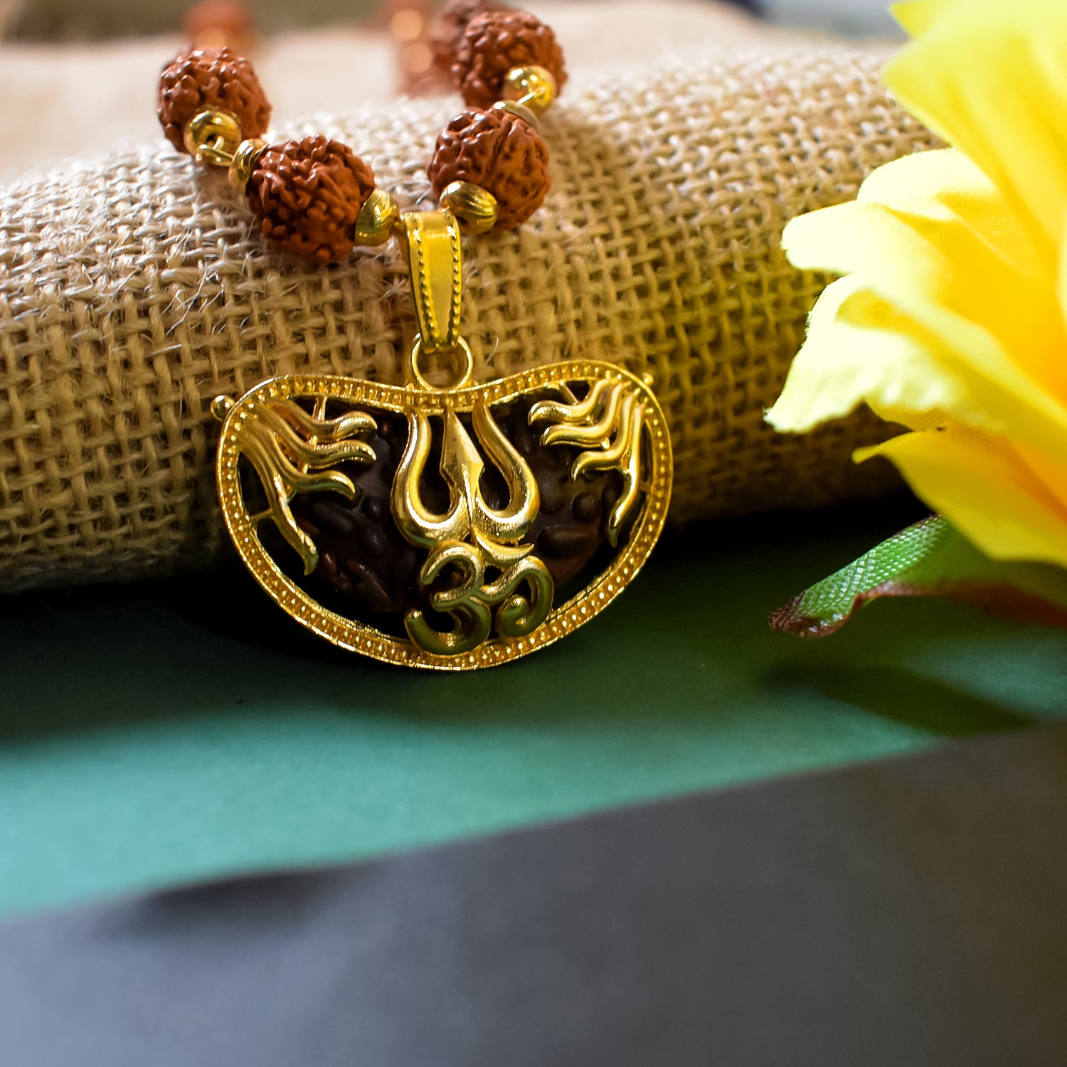 Om Pendant with Rudraksha and Trishul: Divine Protection and Blessings