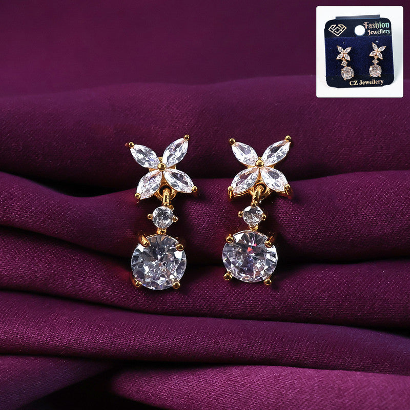 Front view of elegant floral CZ diamond drop earrings with sparkling stones