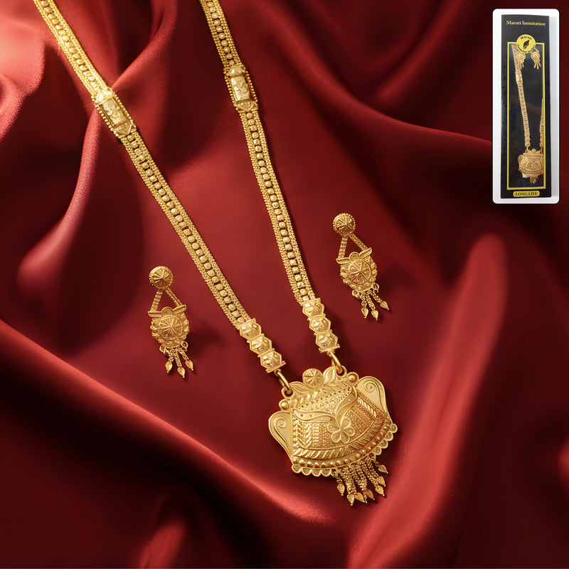 Gold-Tone Traditional Necklace Set with Ornamental Pendant & Matching Dangling Earrings