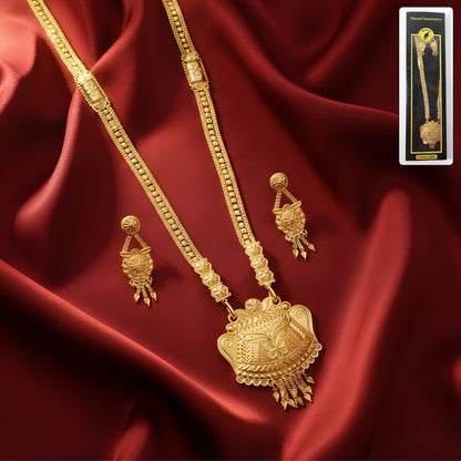 Gold-Tone Traditional Necklace Set with Ornamental Pendant & Matching Dangling Earrings