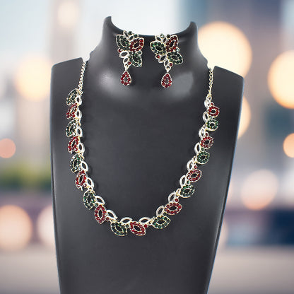 American Diamond Studded Floral Shaped Necklace With Earrings